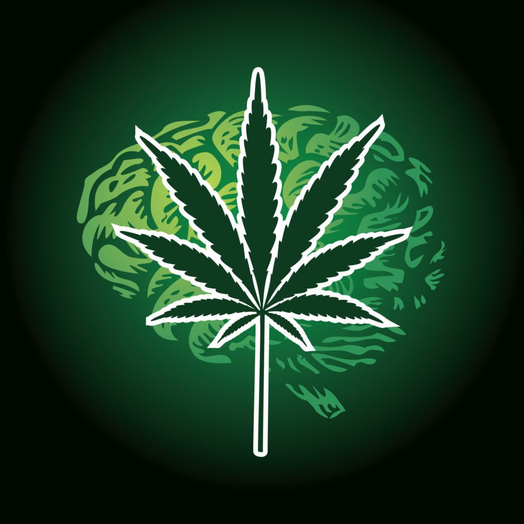 cannabis leaf and human brain background - illustration